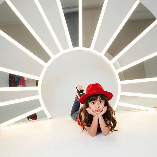 Photograph of a young girl with long brown hair, wearing a red hat and black dress, lying on her stomach, smiling, with bright white light