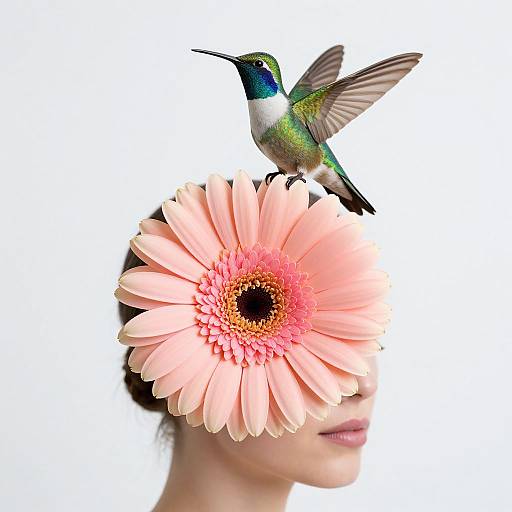 Photograph of a vibrant hummingbird perched on a large pink gerbera daisy, covering a woman's face in profile against a white background