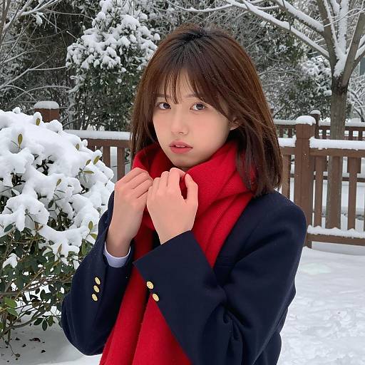 Winter Scene with Asian Woman in Uniform