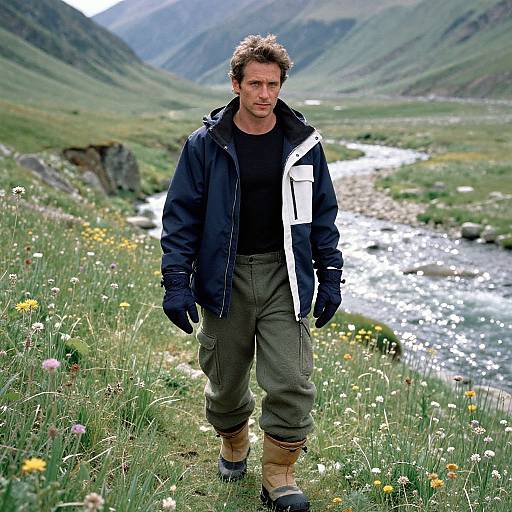 Photograph of a rugged man with short brown hair, wearing a black jacket, green pants, and tan boots, walking through a grassy meadow