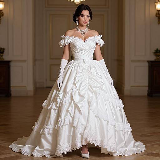 Photograph of a beautiful woman in an off-the-shoulder, white satin wedding gown with lace trim, long gloves, and pearl necklace, standing