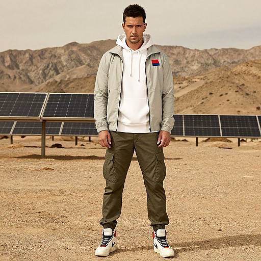 Photograph of a man with short black hair, wearing a white hoodie, gray jacket, green cargo pants, and white sneakers, standing in a desert
