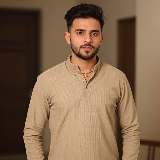 Photograph of a handsome Indian man with short black hair, trimmed beard, wearing a beige ribbed long-sleeve shirt and gold chain, standing