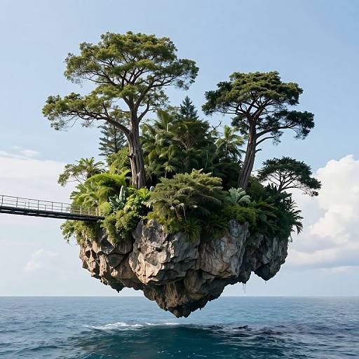 Photorealistic CGI of a lush, tree-covered floating rock island with a wooden walkway, suspended above a blue ocean under a clear sky.