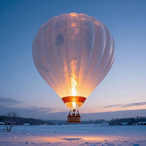 Photograph of a transparent hot air balloon illuminated by a bright orange flame, soaring over a snowy landscape at twilight.