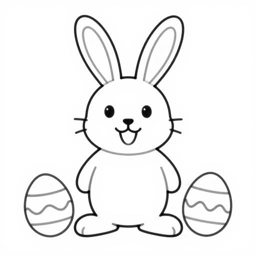 Black and white line drawing of a cute, smiling bunny with long ears, sitting between two decorated Easter eggs.