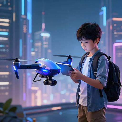 Photograph of a young Asian boy with short black hair, wearing a denim jacket and backpack, controlling a glowing blue drone in a futuristic cityscape with