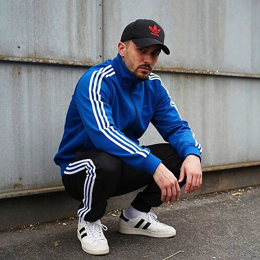 Photograph of a bearded man in a blue Adidas track jacket, black cap, black pants, and white Adidas sneakers, crouching against a
