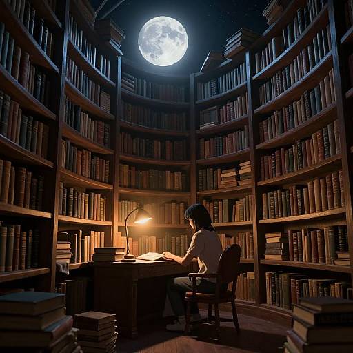 Photograph of a person with dark hair, writing in a dimly lit library at night, illuminated by a desk lamp and full moon overhead, surrounded