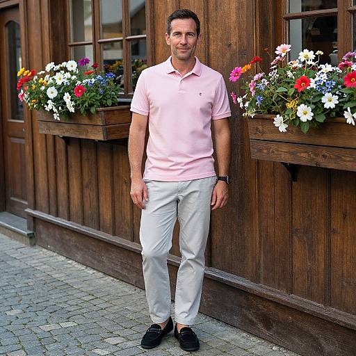 Photograph of a smiling man in a pink polo and white pants, standing against a wooden building with colorful flower boxes.