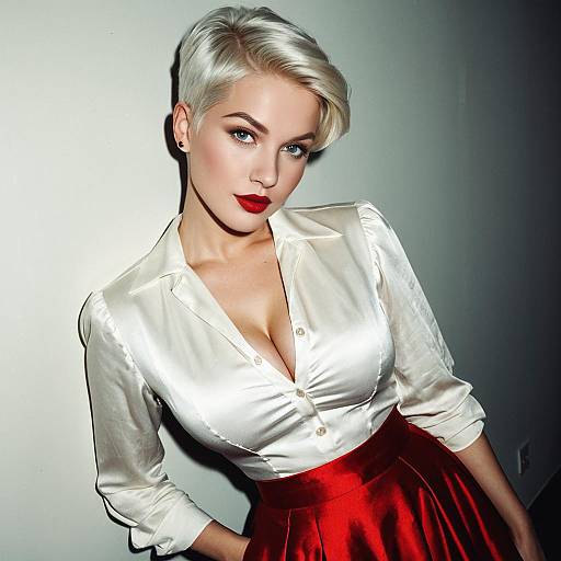 Blonde Woman in Red Skirt and Silk Blouse