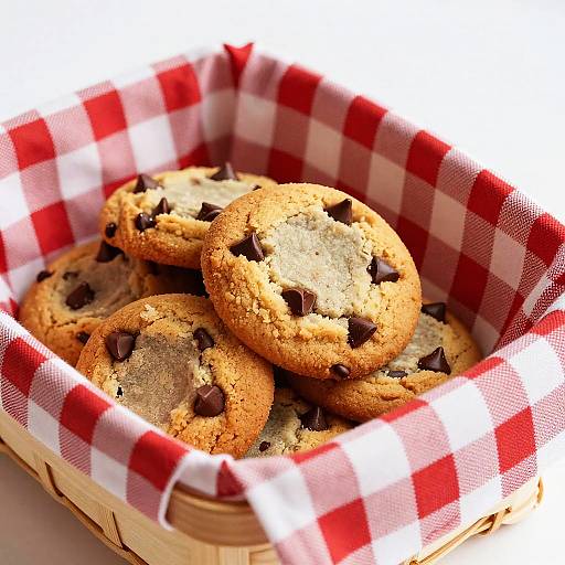 Photograph of a basket with red and white checkered cloth, filled with golden chocolate chip cookies, some partially broken.