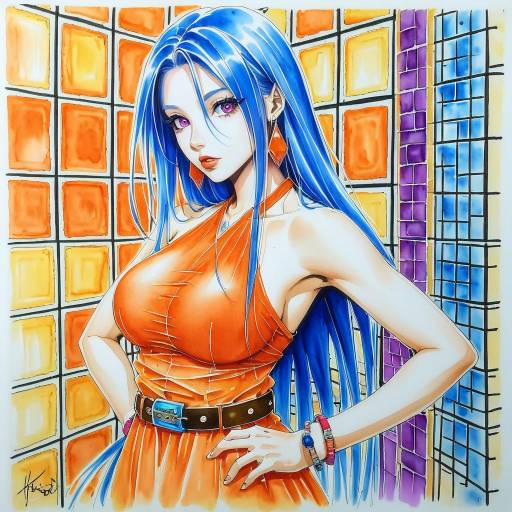 Elegant Blue-Haired Girl in Orange Dress