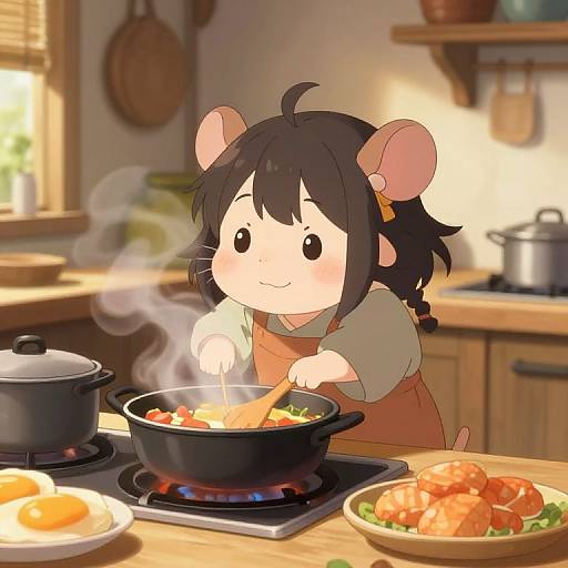 Digital anime-style drawing of a cute mouse-eared girl in an apron, cooking steaming food in a sunny kitchen.