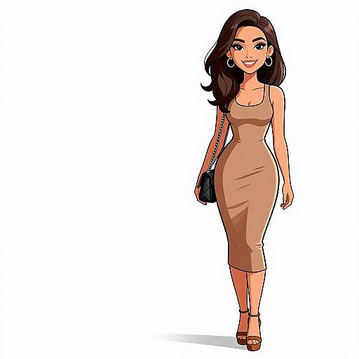 Digital illustration of a smiling woman with long black hair, wearing a tight, beige, sleeveless dress, brown heels, and holding a black clutch,