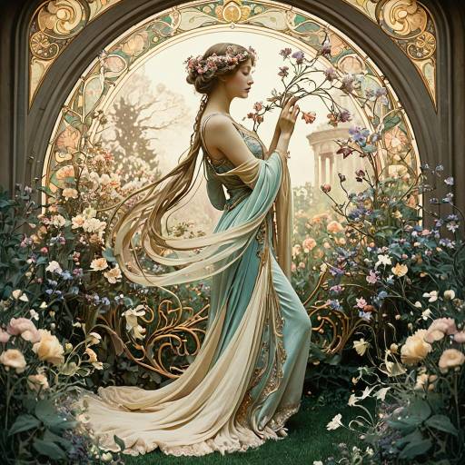 Ethereal Woman in Ornate Garden with Floral Motifs Ethereal Woman in Ornate Garden with Floral Motifs