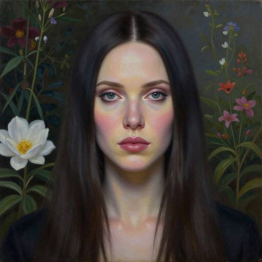 Digital painting of a pale-skinned woman with long black hair, blue eyes, and pink lips, surrounded by colorful flowers. Dark background enhances her eth