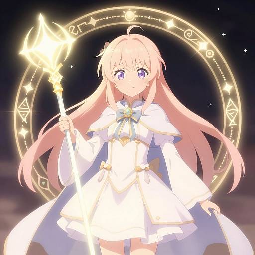 Anime-style digital illustration of a blonde, blue-eyed girl in a white magical robe, holding a glowing staff, standing before a circular, glowing rune circle