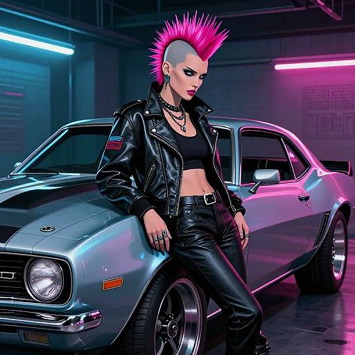 Photorealistic digital art: punk woman with neon pink mohawk, black leather jacket, and crop top, leaning on a neon-lit, grey