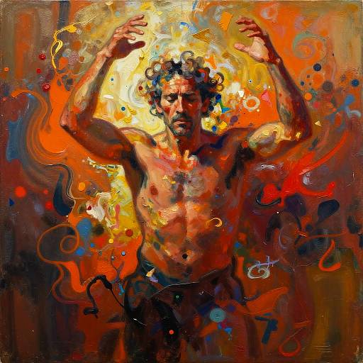 Abstract expressionist painting of a muscular, shirtless man with raised arms, surrounded by vibrant swirls of orange, yellow, and red.