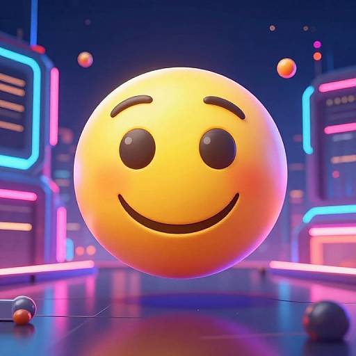 Digital CGI image of a glowing yellow smiley face with black eyes and a smile, floating in a neon-lit futuristic cityscape.