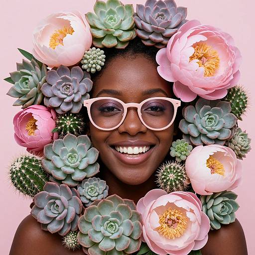 Photograph of a smiling Black woman with white-framed glasses, surrounded by pink and white peonies, succulents, and cacti