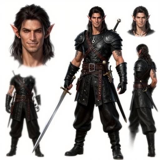 Digital character concept: muscular male elf with long black hair, pointed ears, black leather armor, and belt, holding sword; multiple front, back,