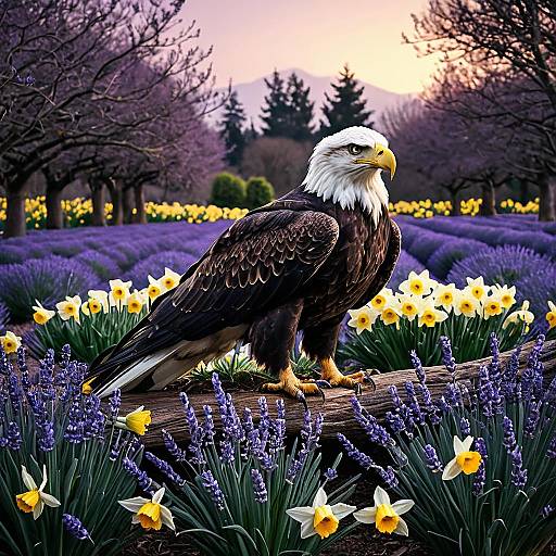 Bald Eagle Resting in Lavender and Daffodils