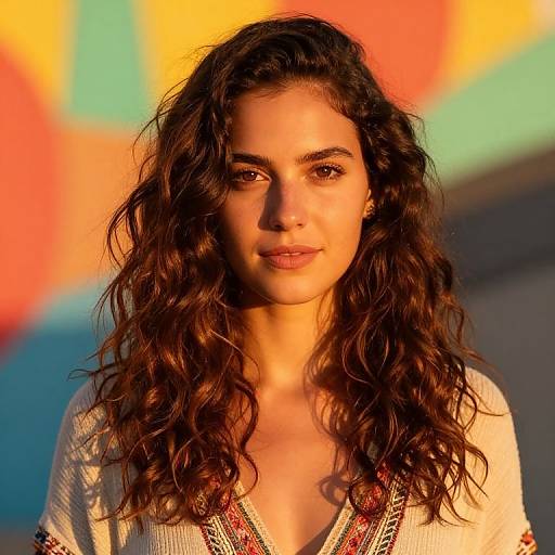 Photograph of a young woman with wavy brown hair, olive skin, wearing a white embroidered top, against a colorful, sunlit background.