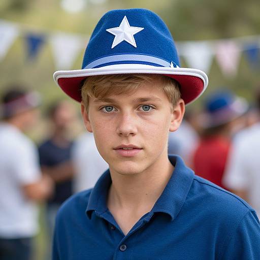 Photograph of a young boy with blue eyes and light brown hair, wearing a blue hat with a white star and navy polo shirt, standing outdoors with
