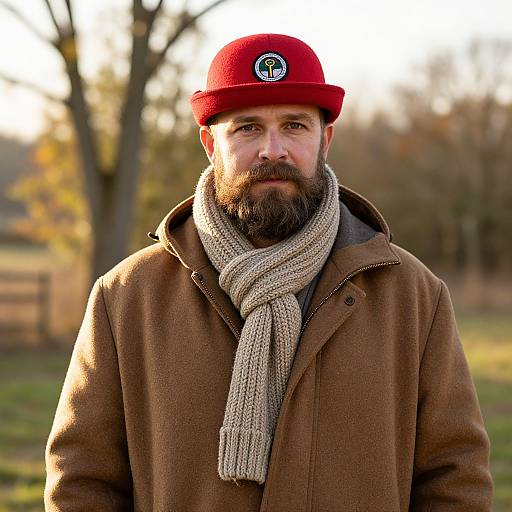 Photograph of a bearded man with a red beret, beige scarf, and brown coat, standing outdoors in a sunlit, autumnal park