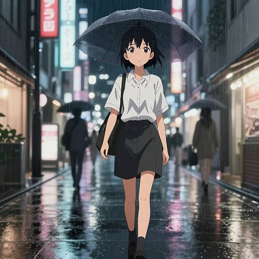 Anime-style digital illustration of a young woman with short black hair, wearing a white shirt and black skirt, holding a black umbrella, walking in a rainy