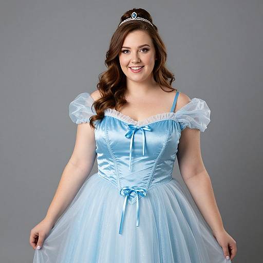 Photograph of a smiling, fair-skinned woman with wavy brown hair, wearing a blue satin off-shoulder princess dress with white tulle