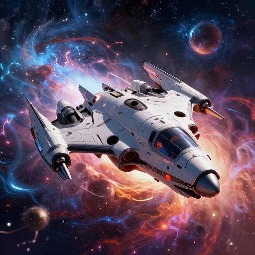 Digital artwork of a white, futuristic spaceship with dual engines and missiles, soaring through a vibrant, colorful nebula with swirling gases and stars in outer space