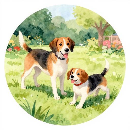 Watercolor illustration of two Beagles with black, brown, and white fur, standing in a sunny, grassy garden with trees and flowers.