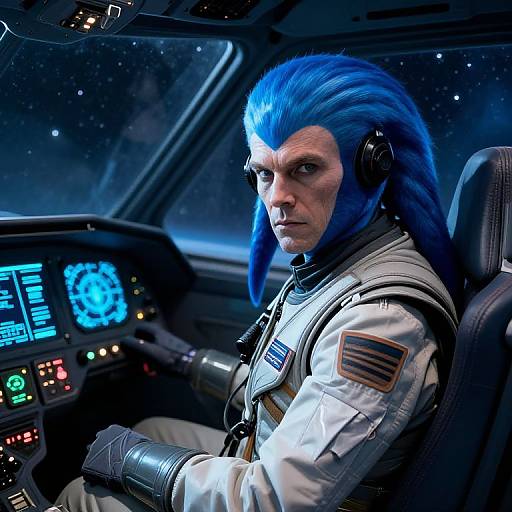 Photorealistic CGI of a serious astronaut with vibrant blue mohawk, wearing a white spacesuit, piloting a spacecraft cockpit at night.