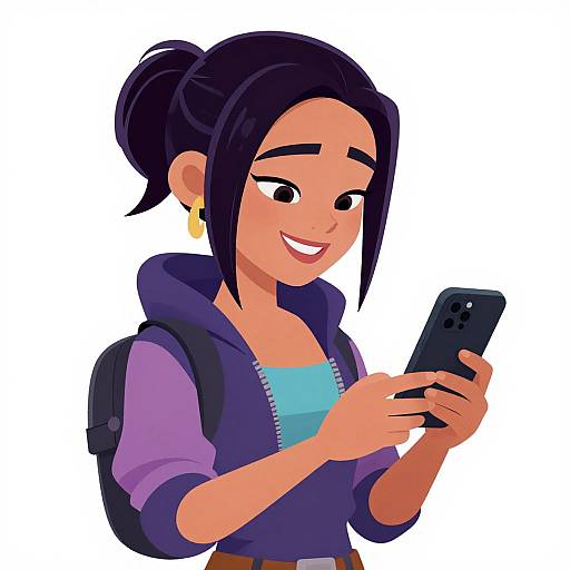 Digital cartoon of a smiling young woman with dark hair in a bun, wearing a purple hoodie, blue shirt, gold earrings, and backpack, looking at