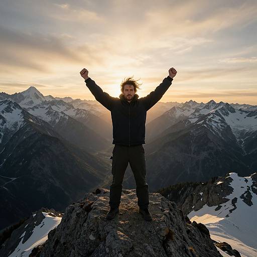 Photograph of a man with disheveled hair, raising arms, standing on a mountain peak at sunset, surrounded by snow-covered mountains.