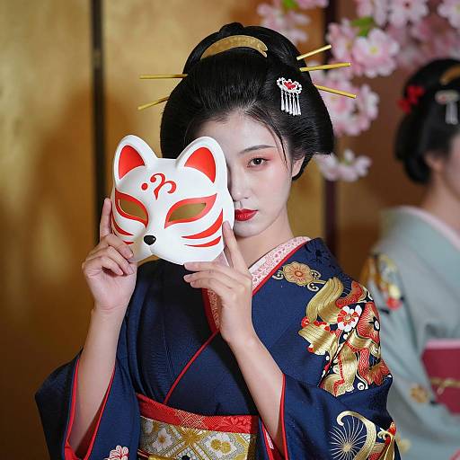 Asian Woman in Traditional Kimono Holding Fox Mask