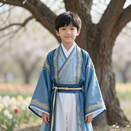 Serene Asian Boy in Elegant Robe