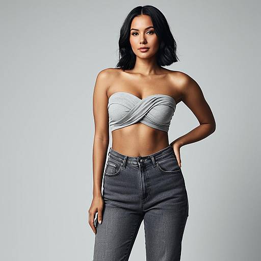 Fashionable woman in grey twist front tube top and high-waisted jeans