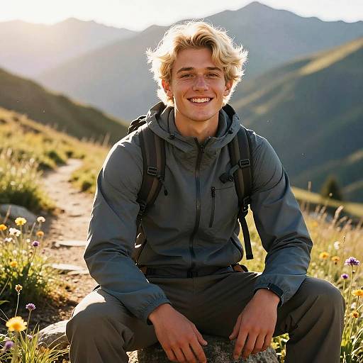 Hyperrealistic Young Man on Mountain Trail