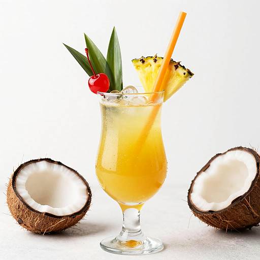 Photograph of a tropical cocktail with orange juice, pineapple slice, cherry, and green leaves, garnished with an orange straw, and flanked by