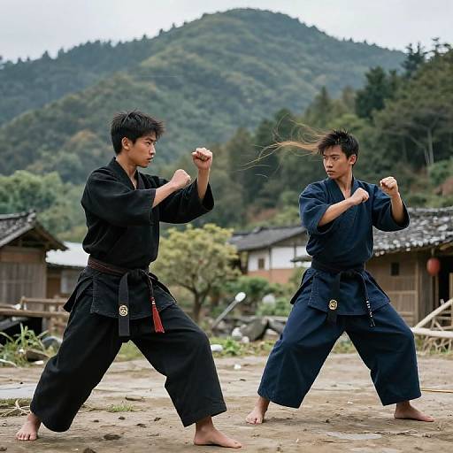 Photograph of two Asian men in black martial arts uniforms, practicing karate stances outdoors in a rural, mountainous village.