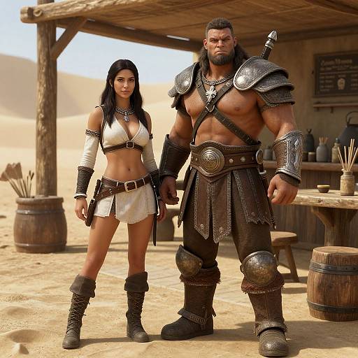 Photorealistic CGI of a muscular, bearded man in medieval armor and a slim, dark-haired woman in white warrior attire, standing in a desert