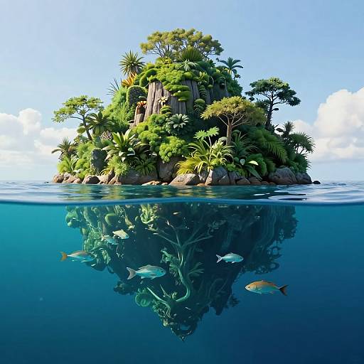 Photorealistic CGI of a lush, tropical island with diverse plants and trees, partially submerged in clear blue water, reflecting above, with three colorful fish