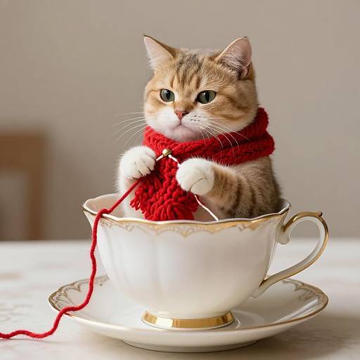 Adorable tabby kitten with green eyes in a white teacup, wearing a red knit scarf, paws playfully holding the yarn. Phot