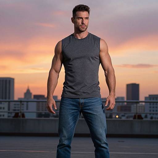 Photograph of a muscular, handsome man with short dark hair, wearing a gray sleeveless shirt and blue jeans, standing confidently on a rooftop at sunset
