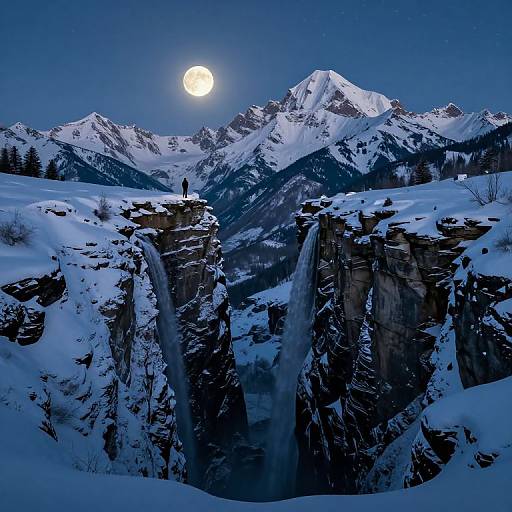 Photograph of a snow-covered, moonlit mountain range with two prominent waterfalls, rugged cliffs, and a full moon illuminating the dark blue night