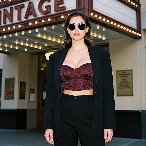 Chic Woman at Vintage Theater Entrance